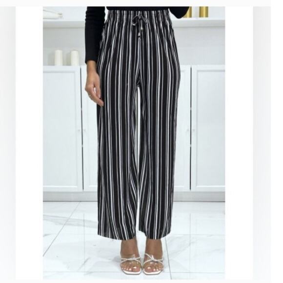 Ann Taylor factory the linen easy pants pull on straight leg striped black - Picture 1 of 7
